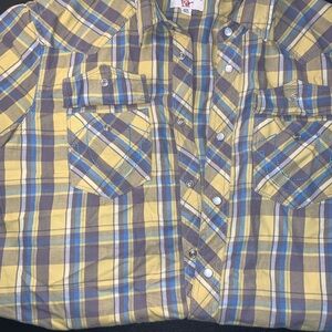 True Religion Yellow and Blue Plaid Casual Button Down Shirt